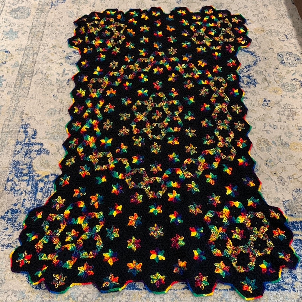 Beautiful Large Black and Rainbow Hand Crocheted Afghan